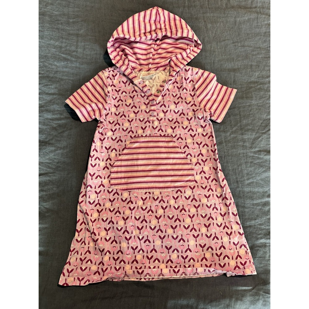 Hanna Andersson Kids Hoodie Dress Pink Striped Short Sleeves Button‎ 6-7YO 120cm